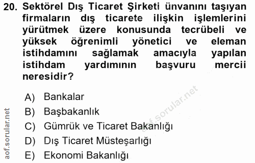 20. soru: Sektörel Dış Ticaret Şirketi ünvanını taşıyan firmaların dış ticarete ilişkin işlemlerini yürütmek üzere konusunda te…