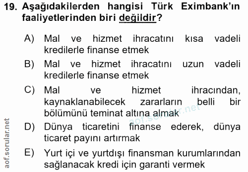19. soru: Aşağıdakilerden hangisi Türk Eximbank'ın faaliyetlerinden biri değildir? A) Mal ve hizmet ihracatını kısa vadeli kred…