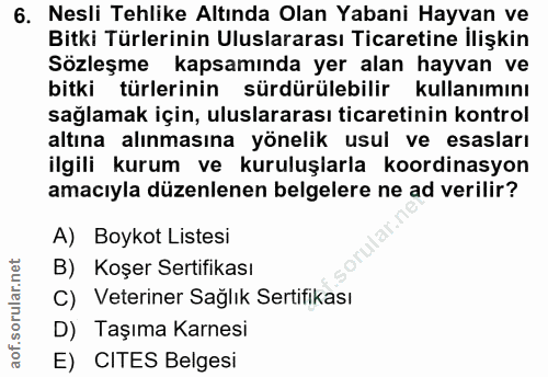 6. soru: Nesli Tehlike Altında Olan Yabani Hayvan ve Bitki Türlerinin Uluslararası Ticaretine İlişkin Sözleşme kapsamında yer…