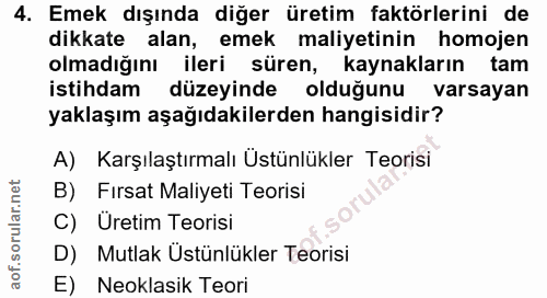 4. soru: Emek dışında diğer üretim faktörlerini de dikkate alan, emek maliyetinin homojen olmadığını ileri süren, kaynakların…