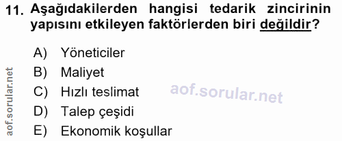 11. soru: Aşağıdakilerden hangisi tedarik zincirinin yapısını etkileyen faktörlerden biri değildir? A) Yöneticiler B) Maliyet C…