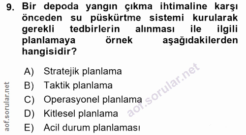 9. soru: Bir depoda yangın çıkma ihtimaline karşı önceden su püskürtme sistemi kurularak gerekli tedbirlerin alınması ile ilgi…