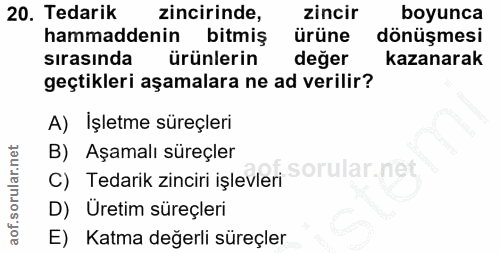 20. soru: Tedarik zincirinde, zincir boyunca hammaddenin bitmiş ürüne dönüşmesi sırasında ürünlerin değer kazanarak geçtikleri…