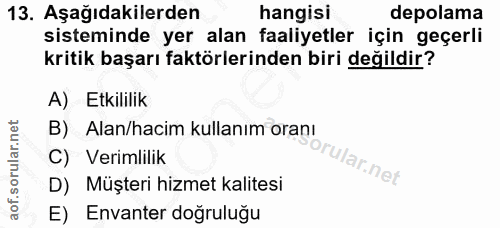 13. soru: Aşağıdakilerden hangisi depolama sisteminde yer alan faaliyetler için geçerli kritik başarı faktörlerinden biri değil…