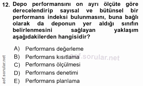 12. soru: Depo performansını on ayrı ölçüte göre derecelendirip sayısal ve bütünsel bir performans indeksi bulunmasını, buna ba…