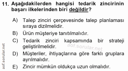 11. soru: Aşağıdakilerden hangisi tedarik zincirinin başarı ilkelerinden biri değildir? A) Talep zinciri çerçevesinde talep pla…