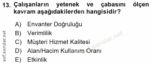 13. soru: Çalışanların yetenek ve çabasını ölçen kavram aşağıdakilerden hangisidir? A) | Envanter Doğruluğu B) Verimlilik orula…