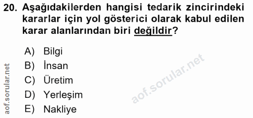 20. soru: Aşağıdakilerden hangisi tedarik zincirindeki kararlar için yol gösterici olarak kabul edilen karar alanlarından biri…