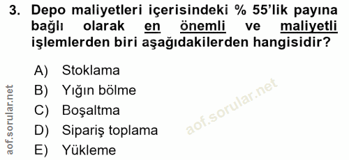3. soru: Depo maliyetleri içerisindeki % 55'lik payına bağlı olarak en önemli ve maliyetli işlemlerden biri aşağıdakilerden ha…