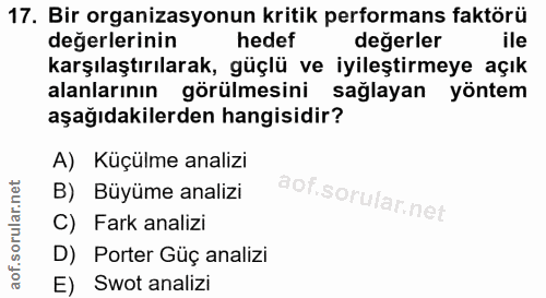 17. soru: Bir organizasyonun kritik performans faktörü değerlerinin hedef degerler ile karşılaştırılarak, güçlü ve iyileştirmey…