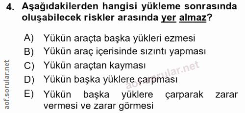 4. soru: Aşağıdakilerden hangisi yükleme sonrasında oluşabilecek riskler arasında yer almaz? A) Yükün araçta başka yükleri ezm…
