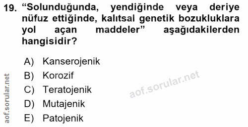 19. soru: "Solunduğunda, yendiğinde veya deriye nüfuz ettiğinde, kalıtsal genetik bozukluklara yol açan maddeler" aşağıdakilerd…