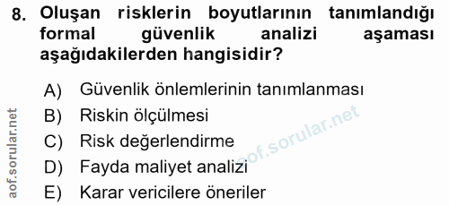 8. soru: Oluşan risklerin boyutlarının tanımlandığı formal güvenlik analizi aşaması aşağıdakilerden hangisidir? A) Güvenlik ön…