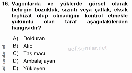 16. soru: Vagonlarda ve yüklerde görsel olarak belirgin bozukluk, sızıntı veya çatlak, eksik teçhizat olup olmadığını kontrol e…