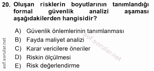20. soru: Oluşan risklerin boyutlarının tanımlandığı formal güvenlik analizi aşaması aşağıdakilerden hangisidir? A) Güvenlik ön…
