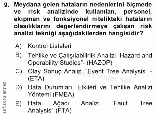 9. soru: Meydana gelen hataların nedenlerini ölçmede ve risk analizinde kullanılan, personel, ekipman ve fonksiyonel nitelikte…
