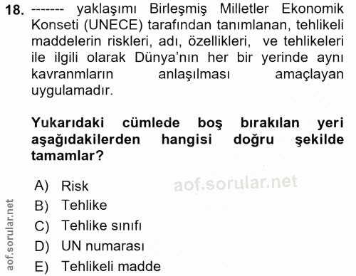 18. soru: --- yaklaşımı Birleşmiş Milletler Ekonomik Konseti (UNECE) tarafından tanımlanan, tehlikeli maddelerin riskleri, adı,…