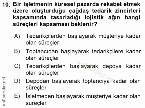 10. soru: Bir işletmenin küresel pazarda rekabet etmek üzere oluşturduğu çağdaş tedarik zincirleri kapsamında tasarladığı lojis…