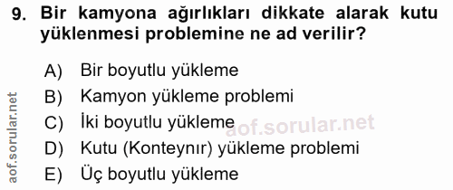 9. soru: Bir kamyona ağırlıkları dikkate alarak kutu yüklenmesi problemine ne ad verilir? A) Bir boyutlu yükleme B) Kamyon yük…