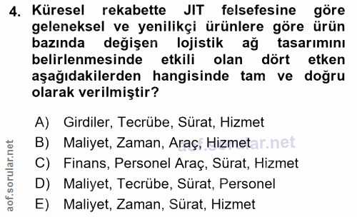4. soru: Küresel rekabette JIT felsefesine göre geleneksel ve yenilikçi ürünlere göre ürün bazında değişen lojistik ağ tasarım…