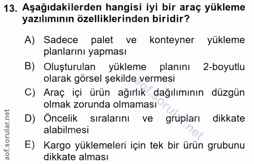 13. soru: Aşağıdakilerden hangisi iyi bir araç yükleme yazılımının özelliklerinden biridir? A) Sadece palet ve konteyner yüklem…