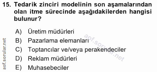 15. soru: Tedarik zinciri modelinin son aşamalarından olan itme sürecinde aşağıdakilerden hangisi bulunur? A) Üretim müdürleri…