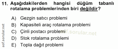 11. soru: Aşağıdakilerden hangisi düğüm tabanlı rotalama problemlerinden biri değildir? A) Gezgin satıcı problemi B) Kapasiteli…