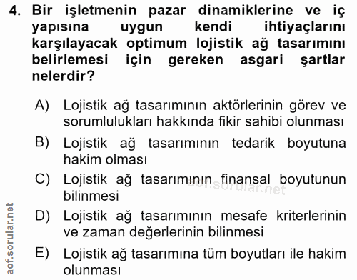 4. soru: Bir işletmenin pazar dinamiklerine ve iç yapısına uygun kendi ihtiyaçlarını karşılayacak optimum lojistik ağ tasarımı…