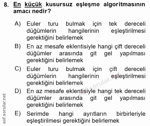 8. soru: En küçük kusursuz eşleşme algoritmasının amacı nedir? A) Euler turu bulmak için tek dereceli düğümlerin hangilerinin…