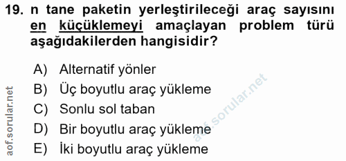 19. soru: n tane paketin yerleştirileceği araç sayısını en küçüklemeyi amaçlayan problem türü aşağıdakilerden hangisidir? A) Al…