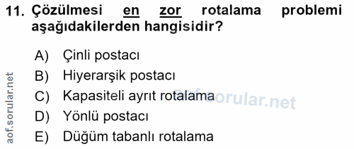 11. soru: Çözülmesi zor rotalama problemi aşağıdakilerden hangisidir? A) Çinli postacı B) Hiyerarşik postacı C) Kapasiteli ayri…