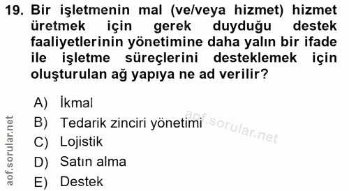 19. soru: Bir işletmenin mal (ve/veya hizmet) hizmet üretmek için gerek duydugu destek faaliyetlerinin yönetimine daha yalın bi…
