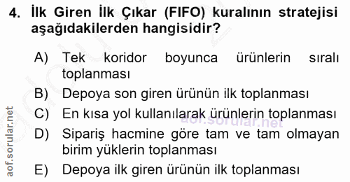 4. soru: İlk Giren İlk Çıkar (FIFO) kuralının stratejisi aşağıdakilerden hangisidir? A) Tek koridor boyunca ürünlerin siralı t…