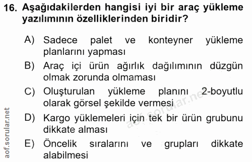 16. soru: Aşağıdakilerden hangisi iyi bir araç yükleme yazılımının özelliklerinden biridir? A) Sadece palet ve konteyner yüklem…