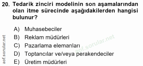 20. soru: Tedarik zinciri modelinin son aşamalarından olan itme sürecinde aşağıdakilerden hangisi bulunur? A) Muhasebeciler C)…