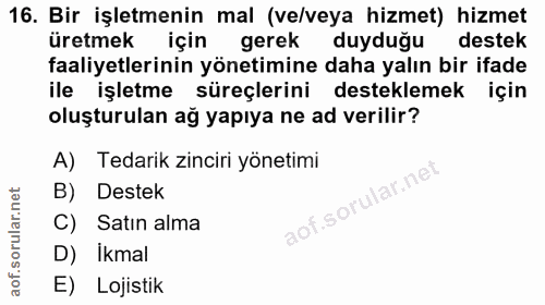 16. soru: Bir işletmenin mal (ve/veya hizmet) hizmet üretmek için gerek duyduğu destek faaliyetlerinin yönetimine daha yalın bi…