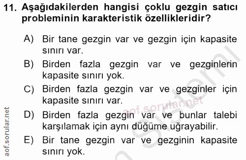 11. soru: Aşağıdakilerden hangisi çoklu gezgin satıcı probleminin karakteristik özellikleridir? A) Bir tane gezgin var ve gezgi…