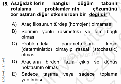15. soru: Aşağıdakilerin hangisi düğüm tabanlı rotalama problemlerinin çözümünü zorlaştıran diğer etkenlerden biri değildir? A)…