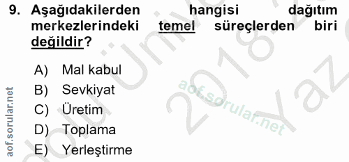 9. soru: Aşağıdakilerden hangisi dağıtım merkezlerindeki temel süreçlerden biri değildir? A) Mal kabul B) Sevkiyat aoksdrulaf.…