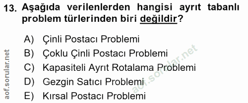 13. soru: Aşağıda verilenlerden hangisi ayrıt tabanlı problem türlerinden biri değildir? A) Çinli Postacı Problemi B) Çoklu Çin…