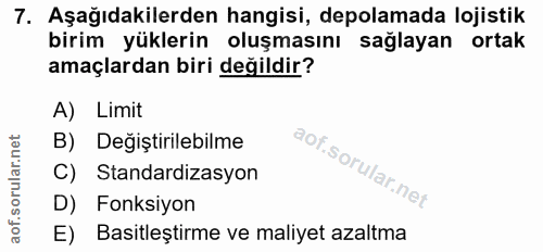 7. soru: Aşağıdakilerden hangisi, depolamada lojistik birim yüklerin oluşmasını sağlayan ortak amaçlardan biri değildir? A) Li…