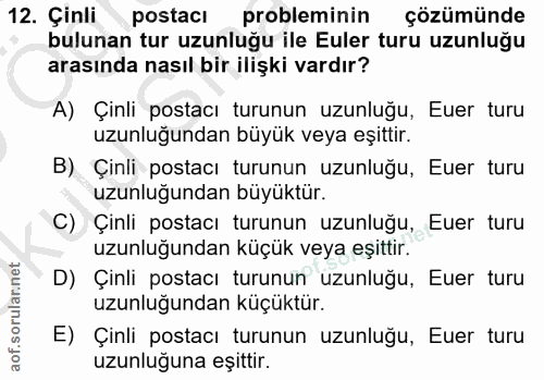12. soru: Çinli postacı probleminin çözümünde bulunan tur uzunluğu ile Euler turu uzunluğu arasında nasıl bir ilişki vardır? A)…
