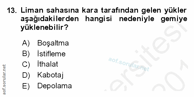 13. soru: Liman sahasına kara tarafından gelen yükler aşağıdakilerden hangisi nedeniyle gemiye yüklenebilir? A) Boşaltma B) ist…