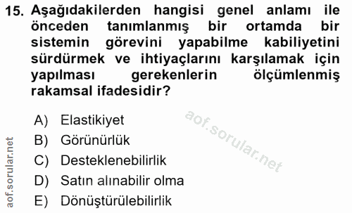 15. soru: Aşağıdakilerden hangisi genel anlamı ile önceden tanimlanmış bir ortamda bir sistemin görevini yapabilme kabiliyetini…