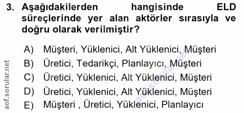 3. soru: Aşağıdakilerden hangisinde ELD süreçlerinde yer alan aktörler sırasıyla ve doğru olarak verilmiştir? A) Müşteri, Yükl…