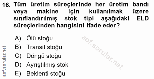 16. soru: Tüm üretim süreçlerinde her üretim bandı veya makine için kullanılmak üzere sınıflandırılmış stok tipi aşağıdaki ELD…