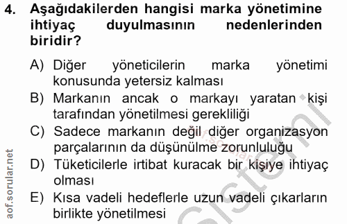 4. soru: Aşağıdakilerden hangisi marka yönetimine ihtiyaç duyulmasının nedenlerinden biridir? A) Diğer yöneticilerin marka yön…