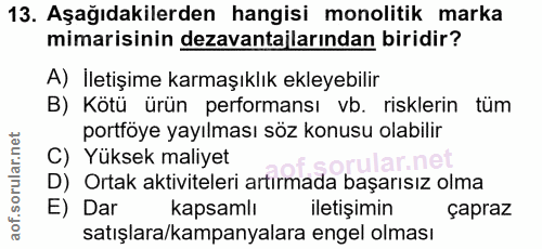 13. soru: Aşağıdakilerden hangisi monolitik marka mimarisinin dezavantajlarından biridir? A) İletişime karmaşıklık ekleyebilir…