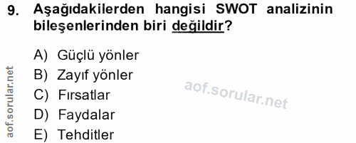 9. soru: Aşağıdakilerden hangisi SWOT analizinin bileşenlerinden biri değildir? A) Güçlü yönler B) Zayıf yönler C) Firsatlar D…