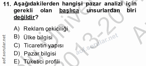 11. soru: Aşağıdakilerden hangişi pazar analizi için gerekli olan başlıca unsurlardan biri değildir? A) Reklam çekiciliği B) Ül…